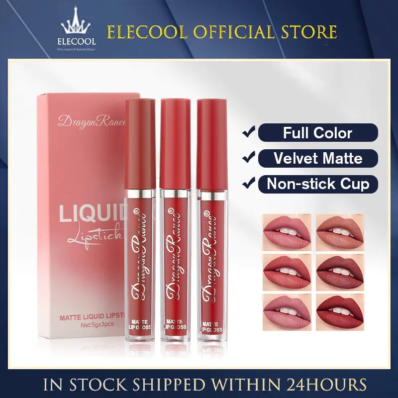 3PCS/Set Waterproof Matte Velvet Lip Gloss